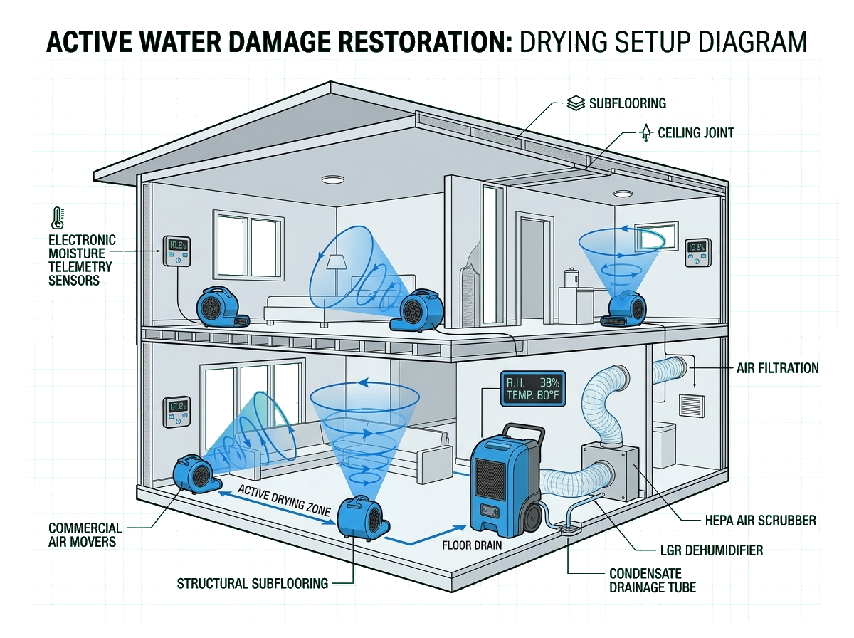 Active water damage restoration drying setup